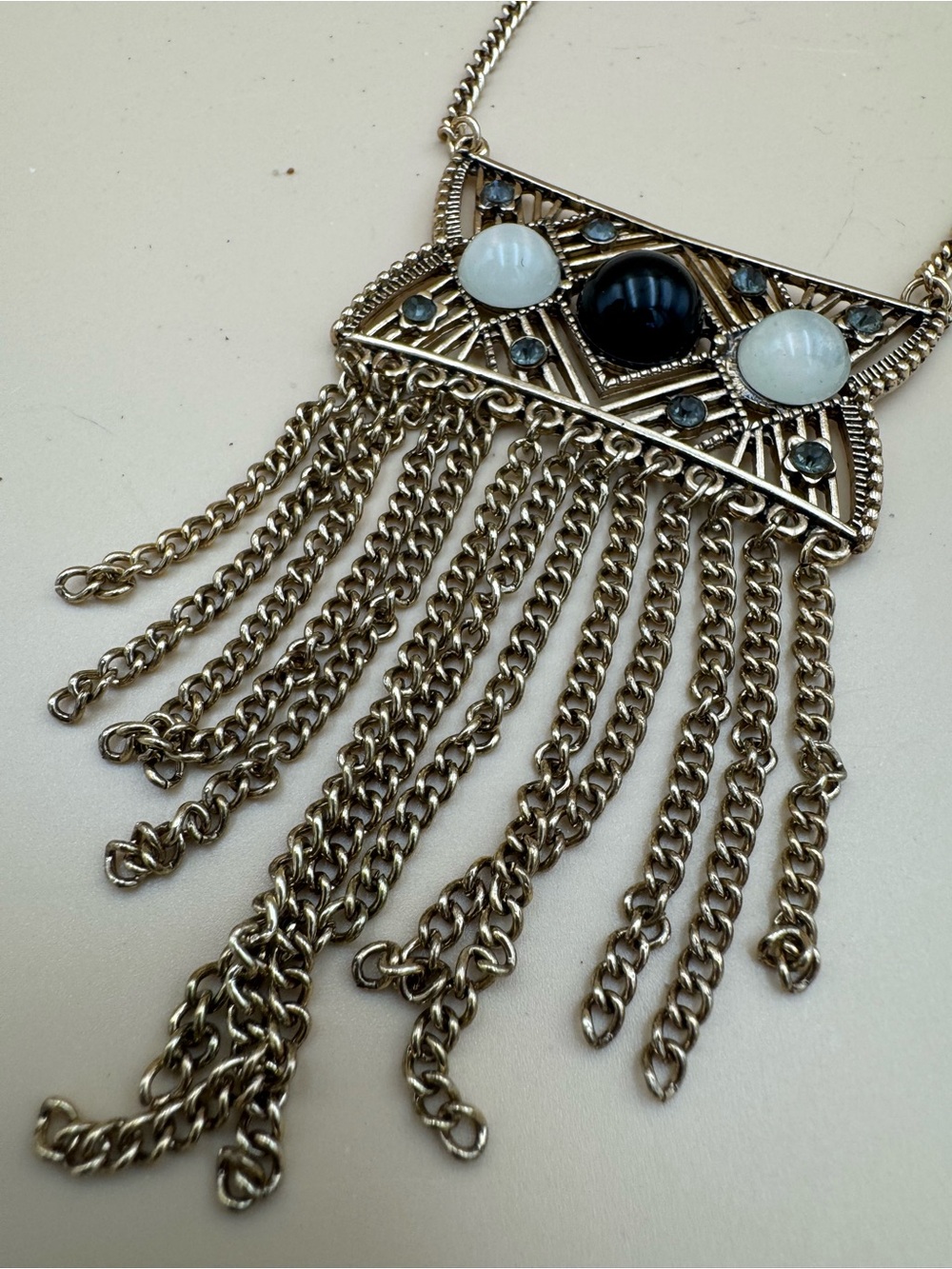 Boho Fringe Pendant Necklace with Black and White Cabochons 123